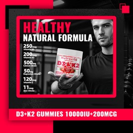 Nutravita Sugar-Free Vitamin D3 K2 Chews with Calcium + K2 (MK-7), Magnesium Citrate, Vitamin C, Extra Strength - Ultimate Absorption for Bone Muscle Teeth Immune,Vegan - 60 Count-Strawberry Flavor.