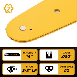 RazEdg 14 Inch Chainsaw Bar and Chain Combo, 3/8" LP Pitch, 050" Gauge, 52 Drive Links, Fits Echo CS-310, Husqvarna 120, Ryobi RY3714 and More (1 Bar + 3 Chains)