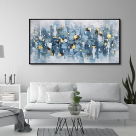 KLAKLA Blue and White Abstract Wall Art - Living Room Wall Decor Gold Picture Artwork for Walls Prints Paintings Framed Canvas Bedroom Office Guest Room Home Decoration 48x24 Inches