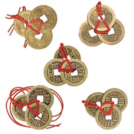 XUKZIMA 5 Strings of Copper Lucky Coins, Feng Shui Coins, Traditional Coins with Red Rope for Wealth and Success