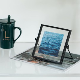 Modern Metal Floating Tabletop Square Photo Picture Frame with Glass Cover and Easel Stand, Black 4 x 4