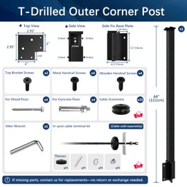 Gyykzz Side Mount Outer Corner Post 36" (Post Body 44"), Fixed Top Three Side Drilled Corner Post Cable Railing, Black Stainless Steel T304 Fascia Mount Metal Post with Inner Terminal & Cable Grommet