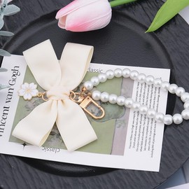 Sdopbinbin Purse Wallet Keychain Charm for Tote Bag Handbag Wrist Keychain for Women Bow Pearl Keychains for Handbags Purses Wristlet Keychain for Women Beige Bow Keychain for Car Keys