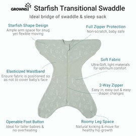 GROWNSY Transitional Swaddle Sleep Sack 12-24 Months, 100% Cotton Starfish Design Baby Swaddle Sack, Dual-Zipper for Easy Diaper Changes, Proper Hip Development & Openable Foot Button, 26-35lbs, Green
