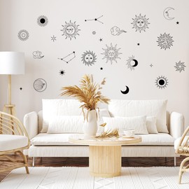 PLIGREAT Sun Crescent Moon Star Clouds Wall Stickers Waterproof Removable Vinyl Peel and Stick Wall Stickers for Bedroom Living Room Boho Ethnic Wall Decoration