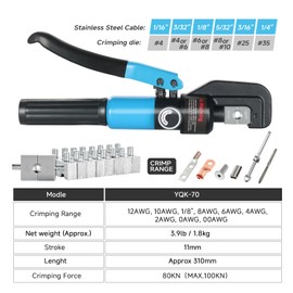 ZUVER 10 US Ton Hydraulic Crimper Tool Kit with Cable Cutter, 9 US Standard Chromed Hexagonal Dies 12, 10, 8, 6, 4, 2, 1/0, 2/0 AWG for Electrical Terminal Cable Lugs and 1/8” for Wire Rope Crimping