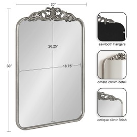 Kate and Laurel Laubry Vintage Ornate Round Rectangle Mirror with Slim Frame, Resin Crown, and Soft Curvature, 20x30, Silver