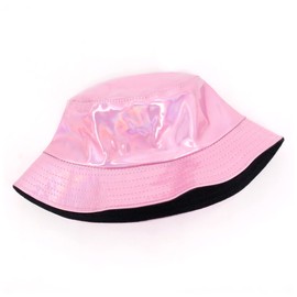 Naimo Reflective Fishing Hats Laser Hologram Metallic PU Leather Bucket Hat Waterproof Bucket Hat Summer Beach Travel Sun Hat, pink