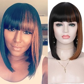 Kalyss Bob Short Hair Wig for Black Women Heat Resistant Synthetic Hair Women's Wig With Hair Bangs (Black With Medium Auburn Brown Strips)
