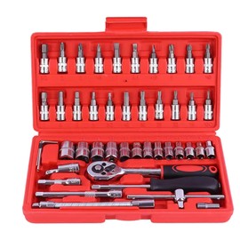 Socket Set 46 Pcs 1/4'' Drive Socket Ratchet Wrench Set with Storage Case Includes Metric Bit Socket Set & Extension Bar for Auto Car Motorbikes Repair & Home Maintenance Compact Household Tool Kit-R