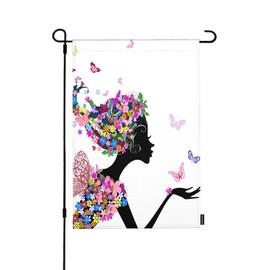 HGOD DESIGNS Butterflies Fairy Garden Flag 12x18 Inch Double Sided Pink Flowers Girl Floral African Women Spring Nature House Flag for Outside Burlap Seasonal Yard Decoration
