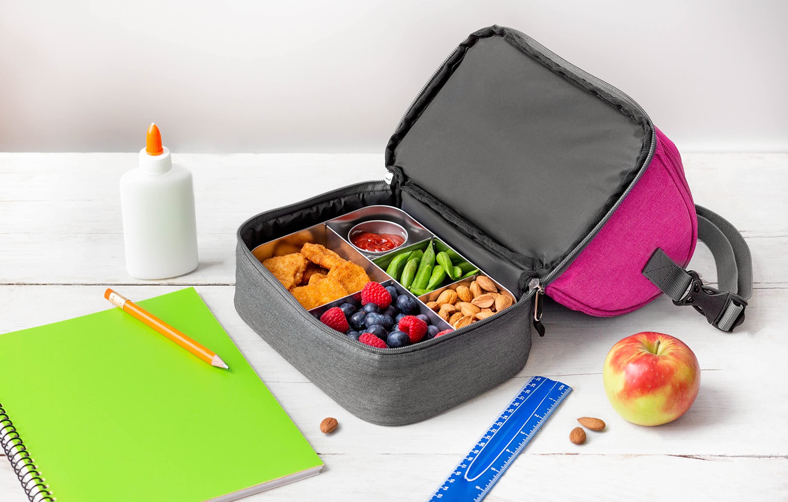 LunchBots Duplex Insulated Lunch Bag - Dual Section Design Fits Uno, Duo, Trio, Quad, Rounds, Bento Cinco Perfectly - Roomy Thermal Lunch Bag - Pink - Thumbnail 3