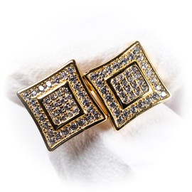 Men’s Square 14K Yellow Gold 925 Sterling Silver Hypoallergenic Micro Pave 3D Iced 5A Cz Hip Hop Screw Back Post Stud Earrings For Men Women Jewelry Gifts