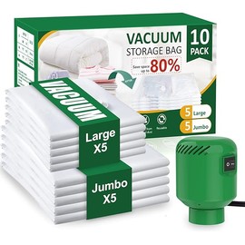 10 Pack Vacuum Storage Bags (5 Jumbo/5 Large) with Electric Pump, Reusable Compression Space Saver Bags for Autumn And Winter clothing, Mattress, Bedding, Quilts and Pillows, Comforters, Travel, White