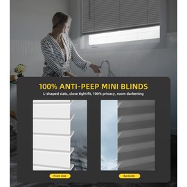 UNISHADES UNISHADES 100% Privacy Cordless Mini Blinds for Indoor Windows 1" Vinyl L-Shaped Blades Horizontal Blinds & Shades, Pull Down Small Window Blinds for Home Kitchen, for Window 26" W  36" H White