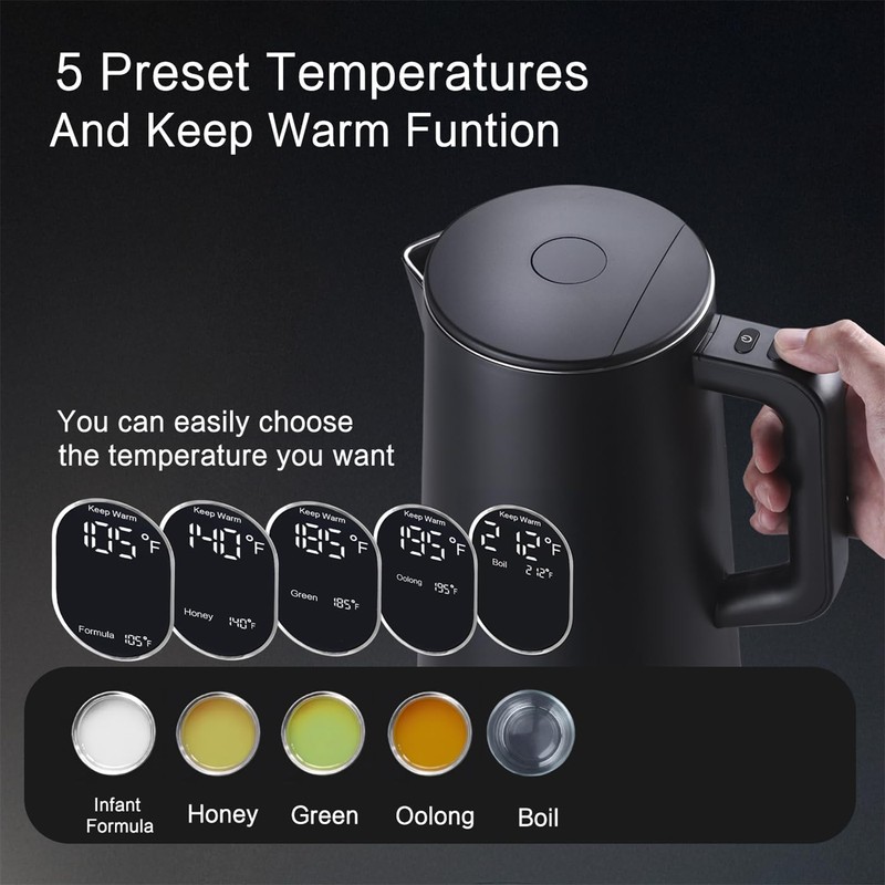 QUAXWELL 1.5L Electric Kettle Stainless Steel, Double Wall Cool Touch