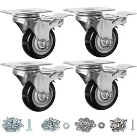 Finnhomy 3 Inch Caster Wheels Set of 4 with Brake Heavy Duty Plate Swivel Casters Premium Polyurethane Wheels Bearing 2,200 Lbs Lockable Anti-wear Smooth Casters for Workbench Black (Free Screws)