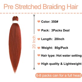 Mscat 20 Inch 3 Packs Pre Stretched Braiding Hair Copper Red Pre Stretched Braiding Professional Synthetic Prestretched Crochet Braids Hair Extension Hot Water Setting Yaki Texture (350#)