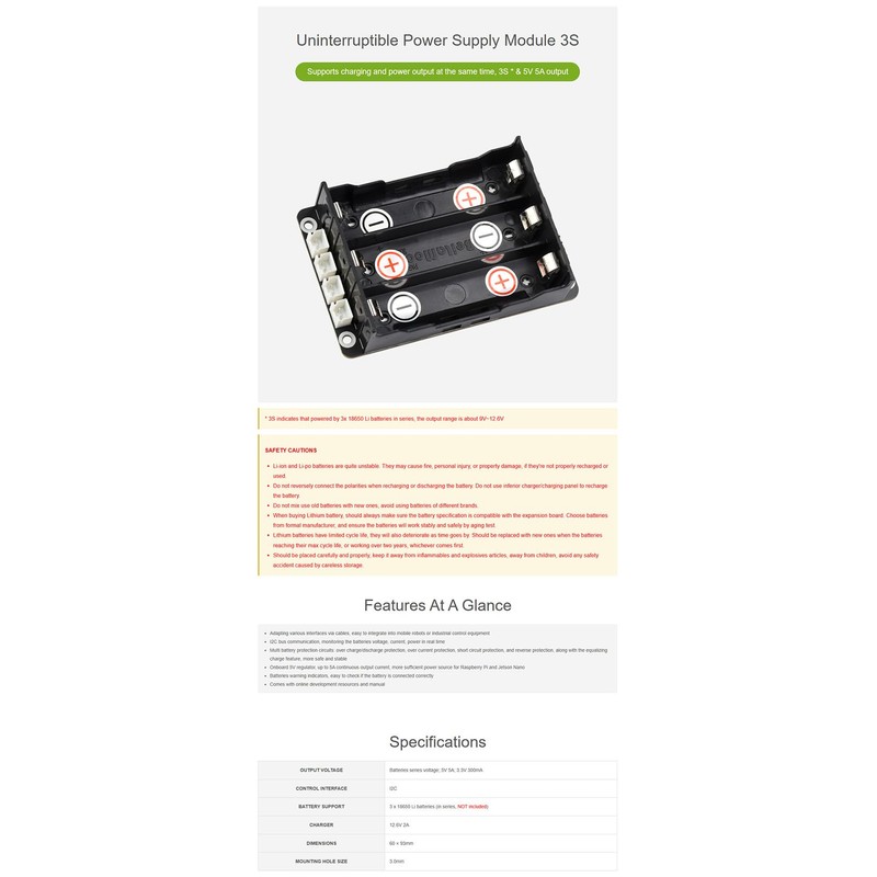Uninterruptible Power Supply (UPS) Module for Raspberry Pi/Jetson Nano Supports