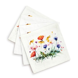 DEMDACO Watercolor Wildflower Design by Dean Crouser - 6 Inch Purple/Red/Yellow Linen/Cotton Cloth Cocktail Napkins; Set of 4