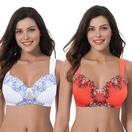 Curve Muse Women's Plus Size Minimizer Wireless Unlined Bra with Embroidery Lace-2Pack-Buttermilk,Cherry Tomato-34C/EU:75C