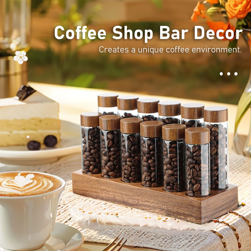 Coffee Bean Storage Tubes with Walnut Wood Stand Lid Glass