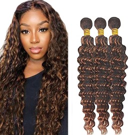 AiPliantfis Real Hair Wefts Human Hair Brown Human Hair Bundles Deep Wave Human Hair Extensions Real Hair Long Bundles P430 Double Weft Extensions Real Hair Bundles Sew-in Bundles 26 28 30 Inches