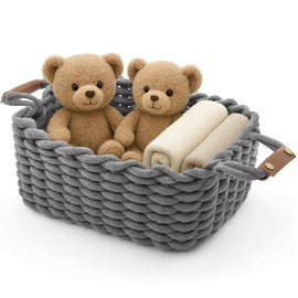 Braided Storage Basket, Washable and Foldable, Basket with Leather Handles, Storage Box Ideal for Accessories, Cosmetics, Bathroom