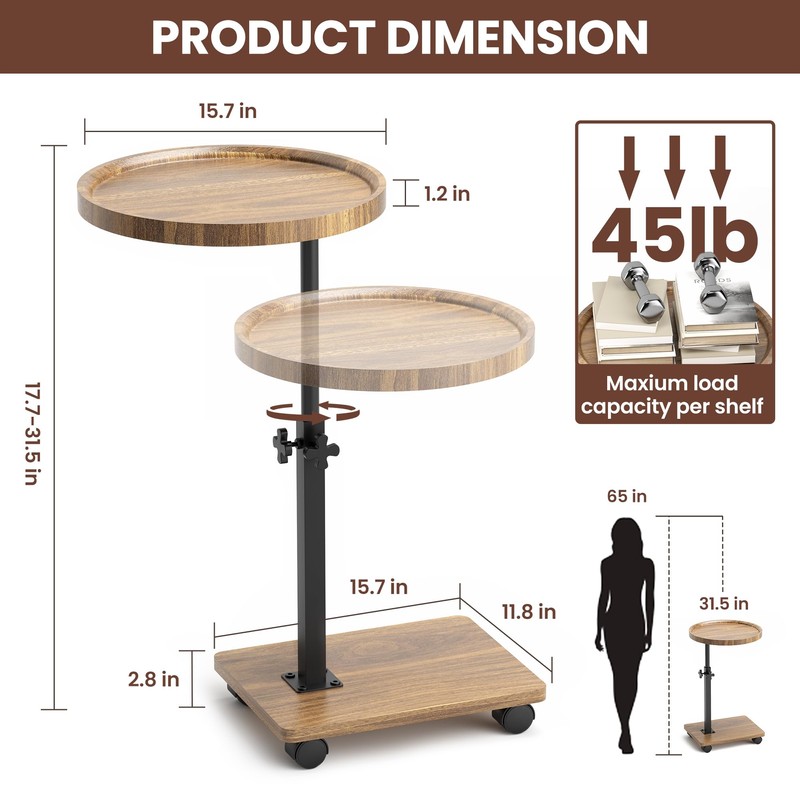 PPAMAPIC C Shaped End Table Adjustable Height, 360°Swivel TV Tray