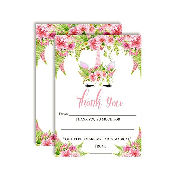 Unicorn Face with Watercolor Pink Dahlia Flowers Themed Thank You Notes for Kids, Ten 4" x 5.5" Fill In the Blank Cards with 10 White Envelopes by AmandaCreation
