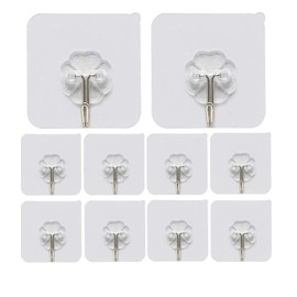 Wall Hooks, Self Adhesive Hooks, Clear Plastic Reusable Heavy Duty Hook No Trace No Scratch Waterproof and Oilproof for Kitchen Bathroom Storage Room Office. (Clear 10 Pack)