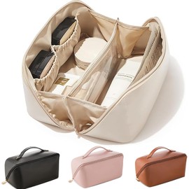 Bolsa de Cosméticos de Viaje de Gran Capacidad,Cosmetiquera de Piel para Mujeres,Neceser de Viaje Impermeable,Bolsa de Cosméticos Multifuncional para Mujer con Asas y Compartimentos (PU Blanco)