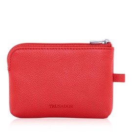 Trusador Milano Unisex Leather Front Pocket Wallet Coin Purse Zipper Pouch with Keychain (Red)