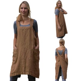TBA Cotton Linen Apron Cross Back Apron for Women with Big Pockets Square Pinafore Dress for Baking Cooking BBQ & Grill, Khaki, 3X-Large