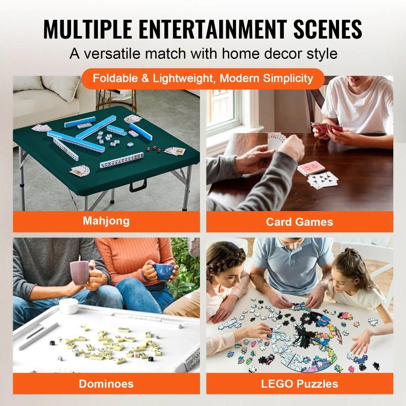 4 Player Fold-in-Half Mahjong Table with Wear-Resistant Top for Card