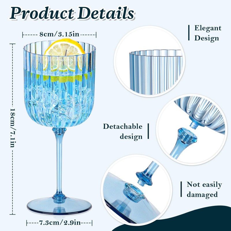 24 PCS Plastic Ribbed Wine Glasses 11oz Blue Detachable Wine