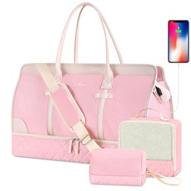 ETRONIK Weekender Overnight Bag for Women, Large Travel Duffle Bag with Shoe Compartment & Wet Pocket, Carry On Tote Bag Gym Duffel Bag with Toiletry Bag, 3 Pcs Set, Large Size, Pink