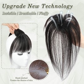 Fine Flus Clip-In Fringe Hairpiece, 100% Remy Real Hair Fringe Bangs Hair Clip in Pony with Temple Hairpieces, Real Hair Extensions for Women, Daily Wear, Natural Black