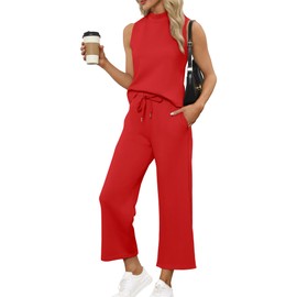 SAMPEEL SAMPEEL Two Piece Set for Women Christmas Outfits Holiday Trendy Lounge Sets Mock Neck Matching Sets Women Clothing Wide Leg Crop Pants Set Red S