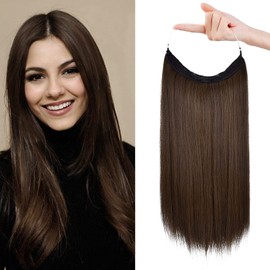 REECHO Invisible Wire Hair Extensions with Transparent Headband Adjustable Size Removable Secure Clips in Straight Secret Hairpiece for Women (16 Inch (Pack of 1), Dark Brown with Copper Highlights)