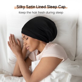 iCooBreeze Satin Hair Bonnet for Sleeping,Silky Satin Lined Sleep Cap for Women and Men,Night Hair Wrap for Curly Hair (1PC, Solid Black)