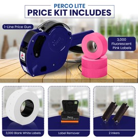 Perco Lite 1 Line Price Gun with Labels Kit - Includes 3 White Rolls, 3 Fluorescent Pink Rolls, 2 Ink Rollers, 1 Ink roll and Labels Pre-Loaded