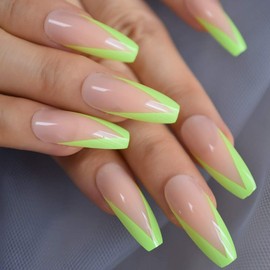 EDA LUXURY BEAUTY NEON NUDE GREEN V FRENCH LUXE DESIGN Full Cover Press On Nails Acrylic Nail Kit Artificial Gel Nail Tips...
