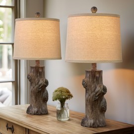 OYEARS 23"Resin Table Lamps for Living Room Set of 2 Country Cottage Farmhouse Lamp for Bedroom Tree Trunk Wood Grain with Oatmeal Fabric Round Shade Vintage Rustic Traditional Nightstand Bedside Lamp
