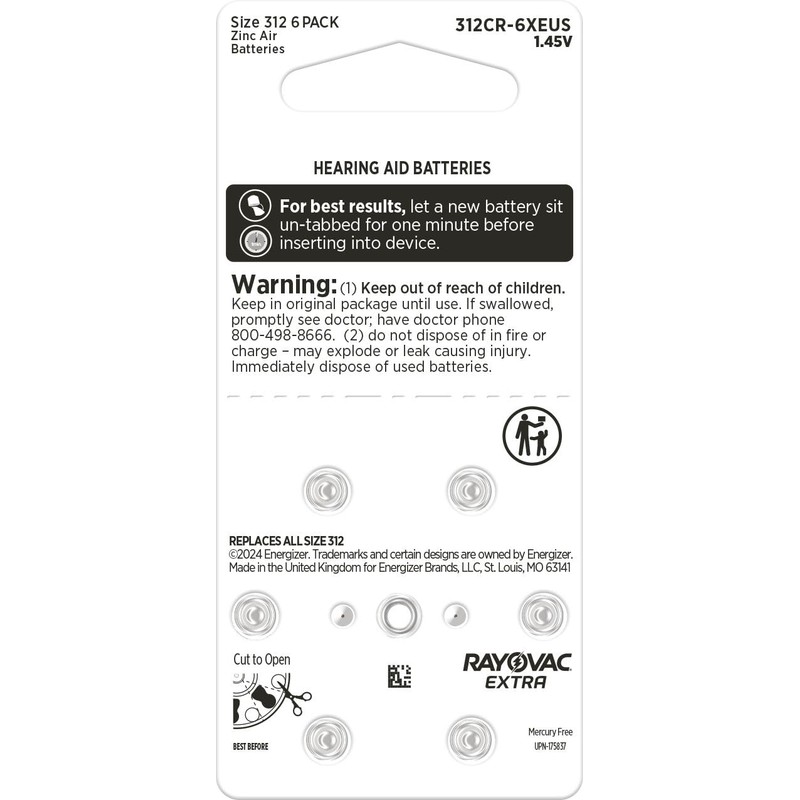Rayovac Extra hearing aid batteries size 312. Long-lasting mercury-free zinc-air