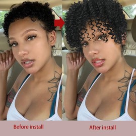 Matthia Curly Hair Topper Hair Pieces for Women Clip in Bangs Wiglets Hairpieces for Thinning Hair Toppers with Bangs, Short Kinky Curly Synthetic Hair Topper Hair Extensions Wiglets Clip in Bangs