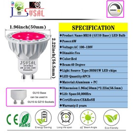 JSVSAL MR16 (GU10 Base) LED Light Bulb,Dimmable,120-Volt,Red, 6-Watt(50-Watt Equivalent), Aluminum Casing,40-Degree MR16 LED Spot Track Light Bulb,2-Pack