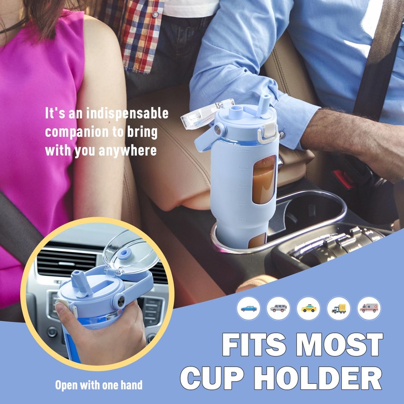 BLUEGO 40oz Glass Water Bottles with Straw Time Marker Half