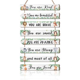 HPNIUB Woodland Nursery Wall Decor, Safari Animals Themed Wood Sign, Kids Inspirational Quote Wall Art Forest Nursery Picture, Cartoon Motivational Pictures Wall Plaque for Baby Bedroom Decoration
