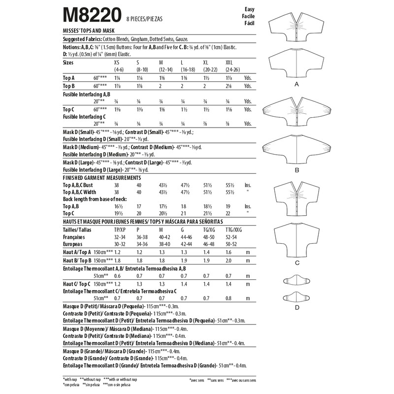 McCall's Misses' V-Neck Blouse and Mask Sewing Pattern Kit, Code